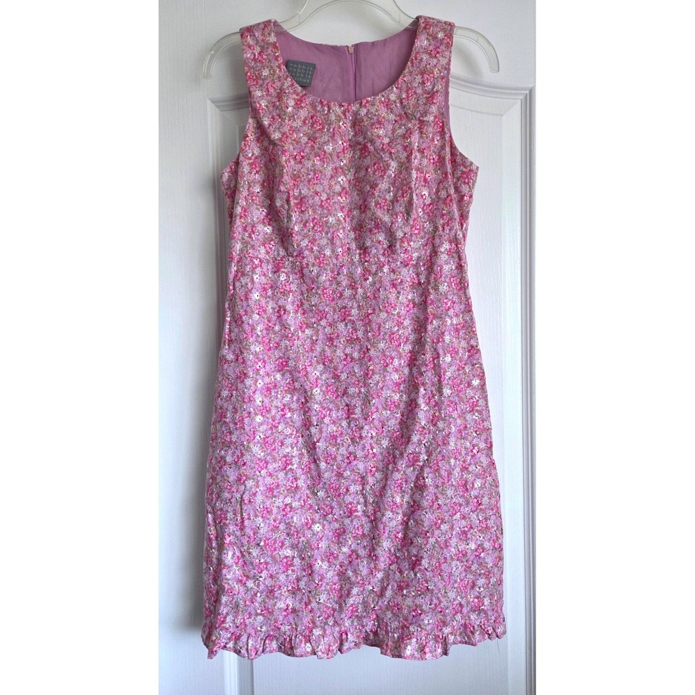 VTG Rabbit Rabbit Rabbit Designs Pink Floral Sequin Ruffle Hem Shift Dress Sz S